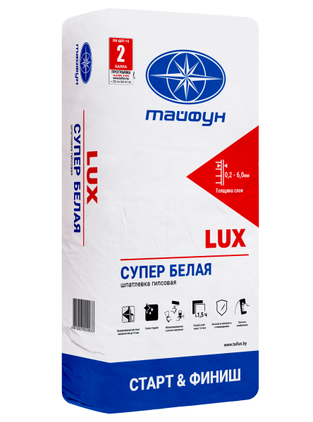 Шпатлевка белая для внутренней отделки, полимерминеральная, гипсовая, однокомпонентная, сухая смесь "Люкс", 15 кг