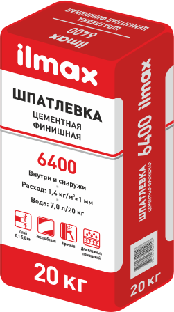 Шпатлёвка для наружной и внутренней отделки, полимерминеральная, цементная белая "Ilmax 6400", 20кг.