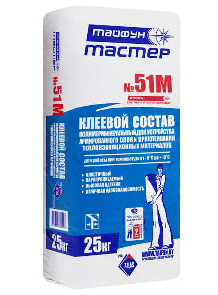 Состав клеевой полимерминер.однокомп.для наклеиван.теплоизоляц.мат.и арм.сетки для наруж.работ, 25кг Тайфун Мастер№51М