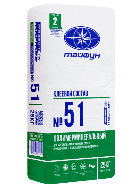 Состав клеевой полимерминер.однокомп.для наклеиван.теплоизоляц.мат.и арм.сетки для наруж.работ, 25кг Тайфун Мастер№51